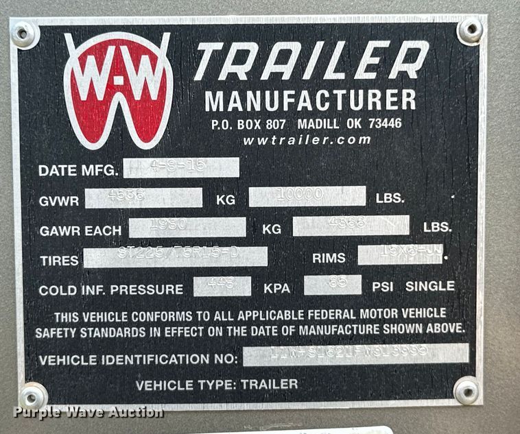 image for item EJ8864 2015 W-W livestock trailer