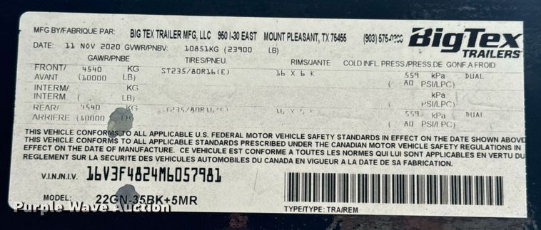 image for item DX1087 2021 BigTex  22GN HD equipment trailer