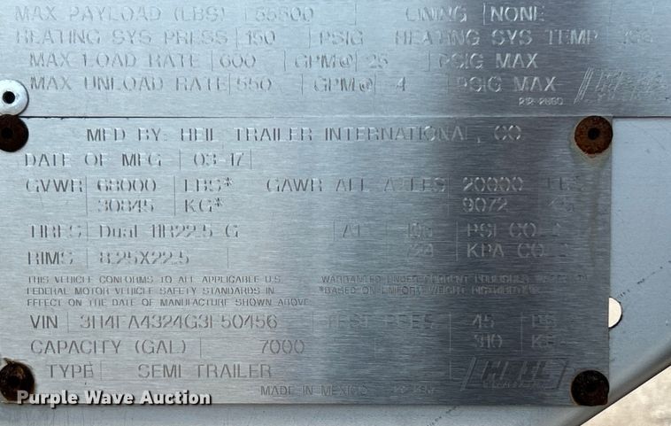 image for item EG0960 2016 Heil Trailer International Co. tank trailer