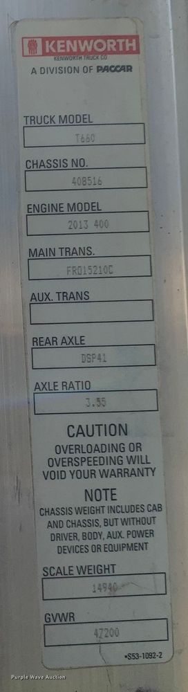 image for item EJ2871 2014 Kenworth  T660 semi truck