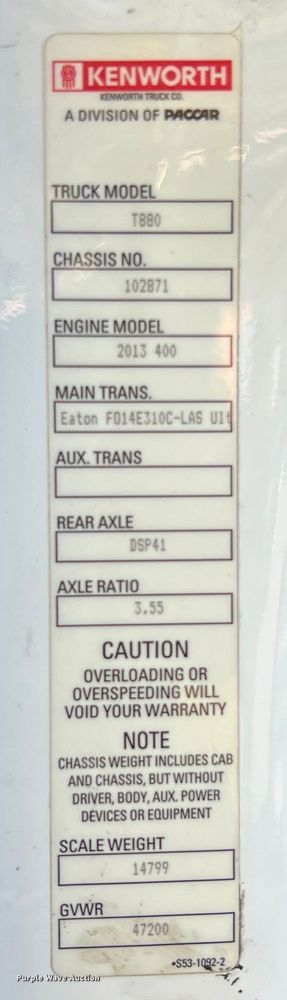 image for item EJ2893 2016 Kenworth  T880 semi truck
