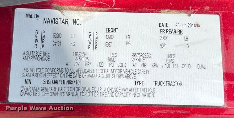 image for item EJ2937 2015 International  ProStar Plus 122 semi truck