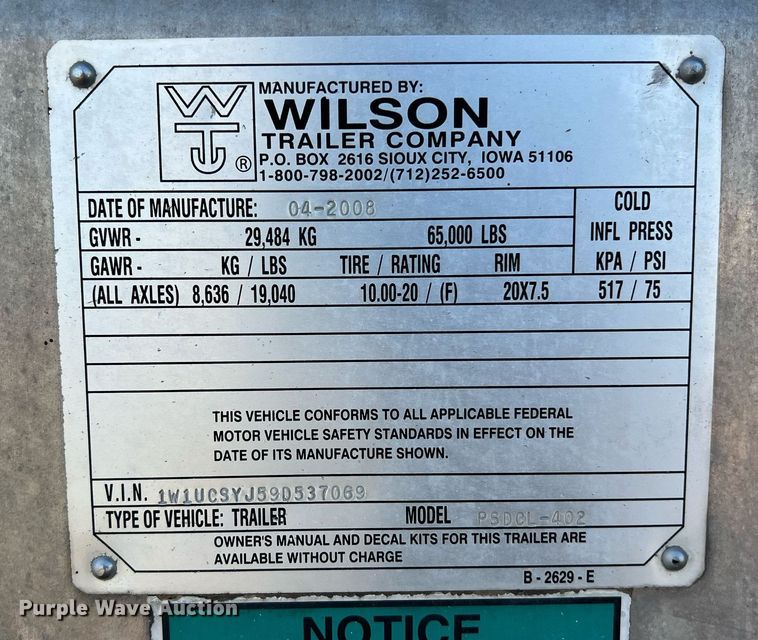 image for item EJ2945 2009 Wilson PSDCL-402 livestock trailer