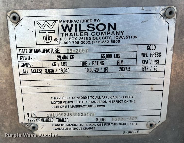 image for item EJ2946 2008 Wilson PSDCL-402 livestock trailer