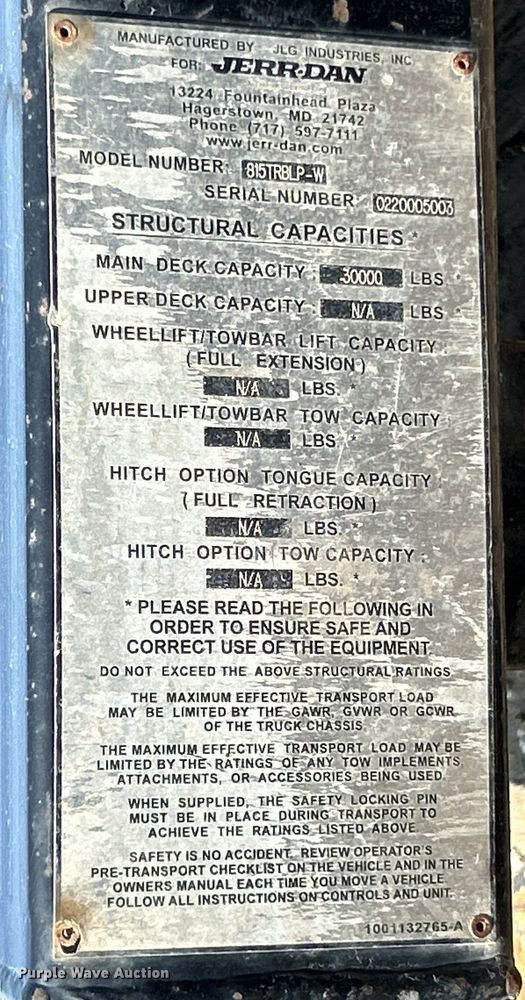 image for item EK3228 Jerr-Dan 815TRBLP-W rollback bed