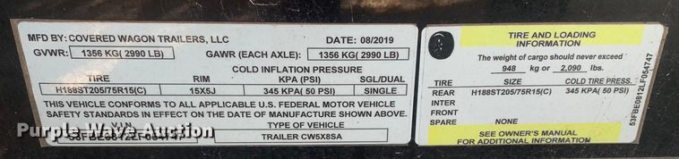 image for item DM1784 2020 Covered Wagon Trailers CW5X8SA enclosed cargo trailer