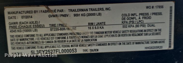 image for item DS4765 2015 Trailerman Trailers Inc. HHG8205R20 equipment trailer