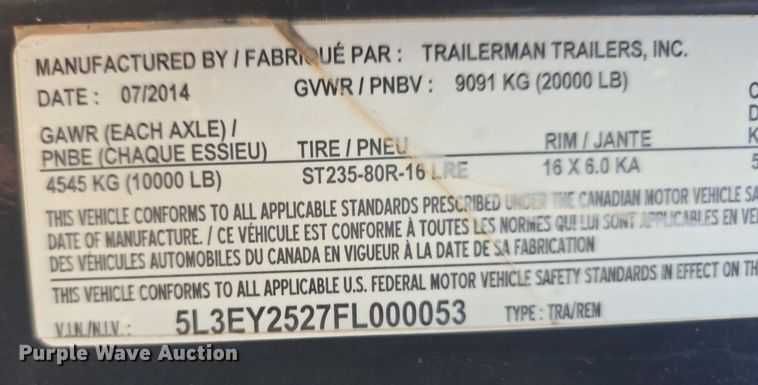 image for item DS4765 2015 Trailerman Trailers Inc. HHG8205R20 equipment trailer