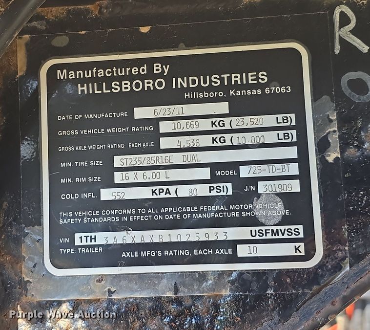 image for item DS4766 2011 Hillsboro Industries 725-TD-BT equipment trailer