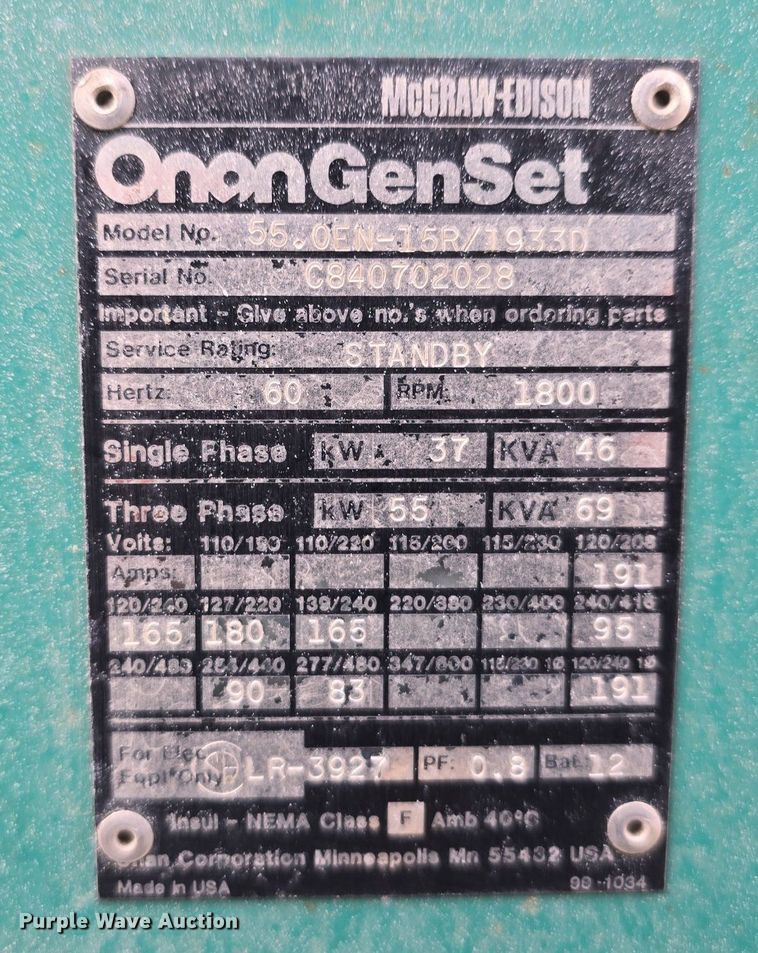 image for item DS4807 McGraw-Edison Onan GenSet 55.0EN-15R/1933D  generator