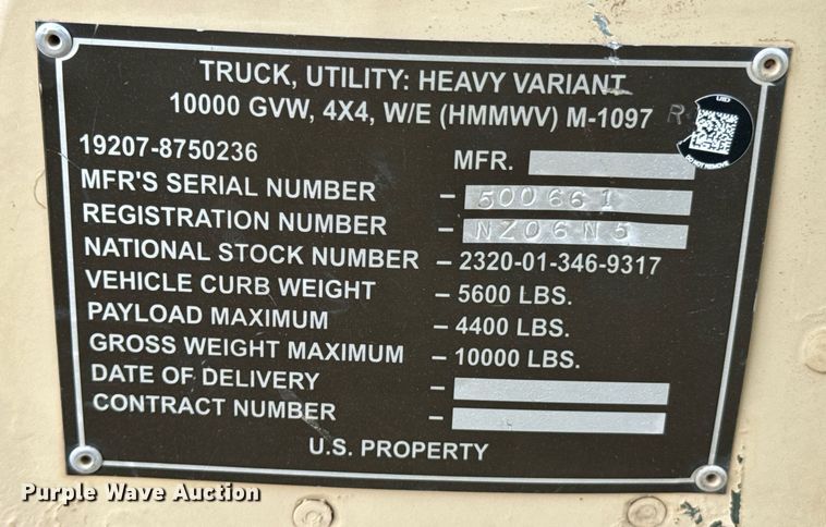 image for item DX1193 2009 AM General M1097R1 HMMWV SUV