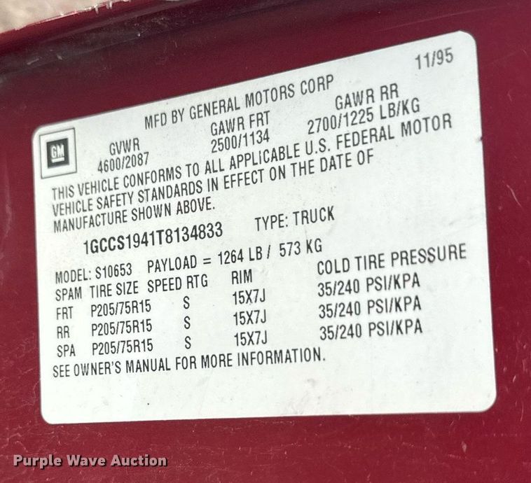 image for item EE7585 1996 Chevrolet S10 Ext. Cab pickup truck