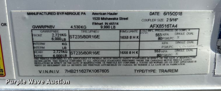 image for item EG0989 2019 American Hauler enclosed cargo trailer