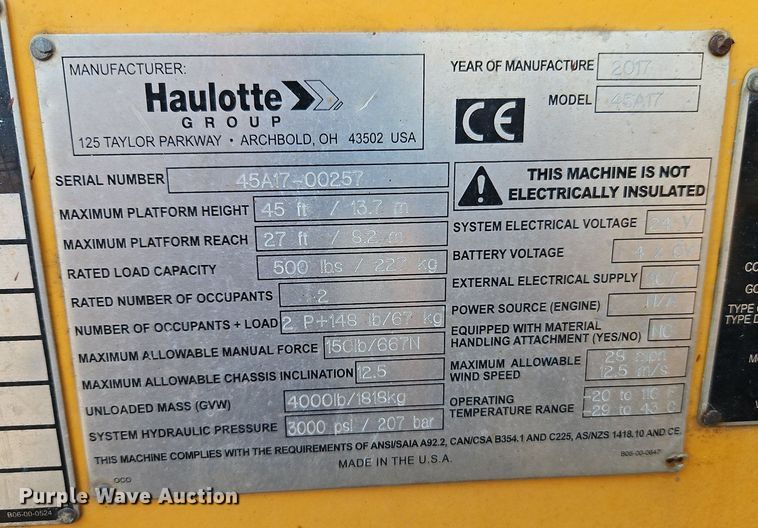 image for item EI8275 2017 Haulotte 45A17 boom lift