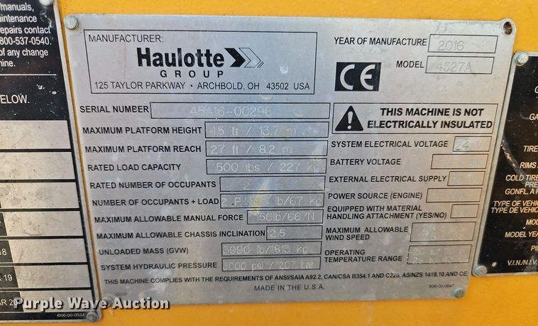 image for item EI8276 2016 Haulotte 4527A boom lift