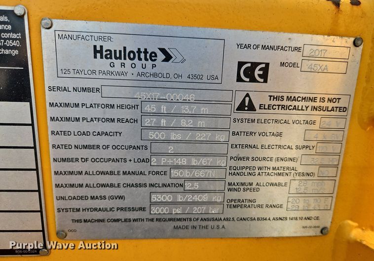image for item EI8281 2017 Haulotte 45XA boom lift