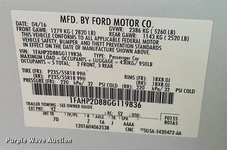 image for item EJ8947 2016 Ford Taurus  