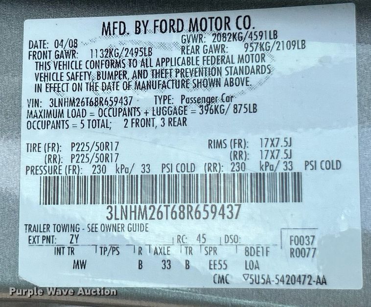 image for item EK3284 2008 Lincoln  MKZ 