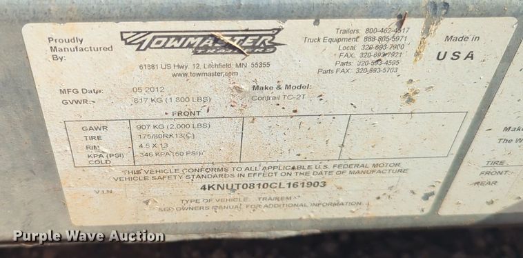 image for item EQ2112 2012 Tow Master Contrail TC-2T utility trailer