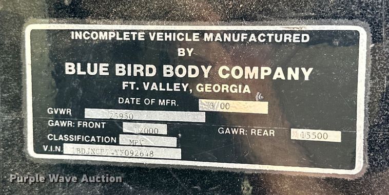 image for item IB9480 2000 Blue Bird blood donation bus