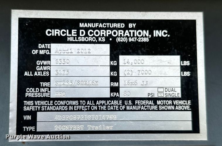 image for item MV9054 2012 Circle D 29GNFBBT equipment trailer