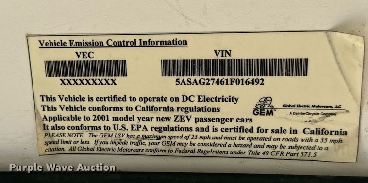 image for item MV9139 2001 GEM E2 golf cart