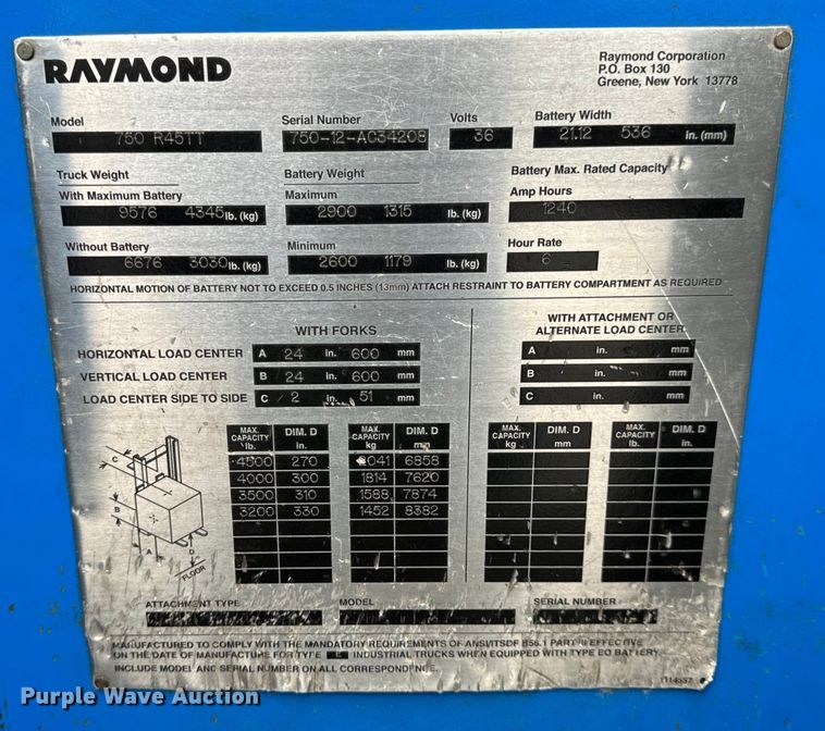 image for item DL4472 Raymond 750 R45TT forklift