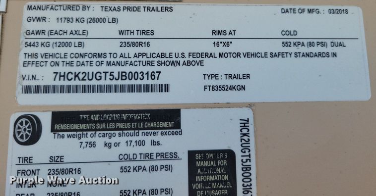 image for item DN3504 2018 Texas Pride FT835524KGN flatbed trailer