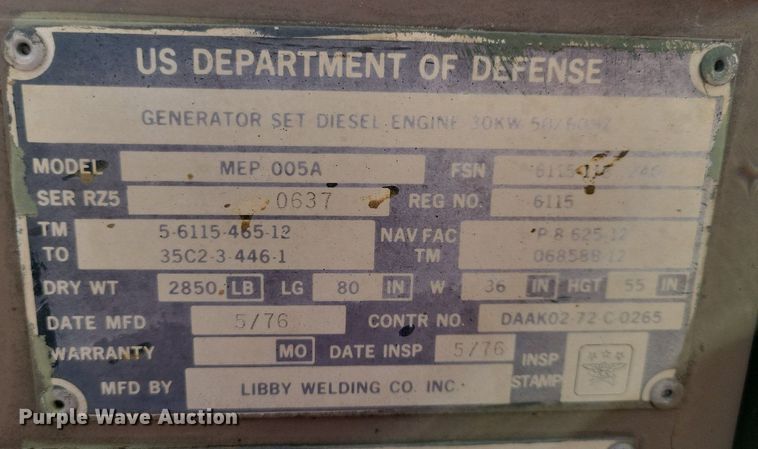 image for item DR4457 1976 Libby MEP 005A generator