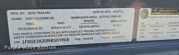 image for item DS4749 2022 Boss Trailers GC0238072 equipment trailer