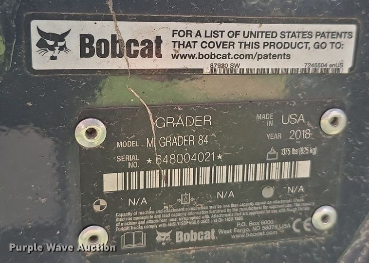 image for item DS4757 2018 Bobcat M Grader 84 skid steer grader