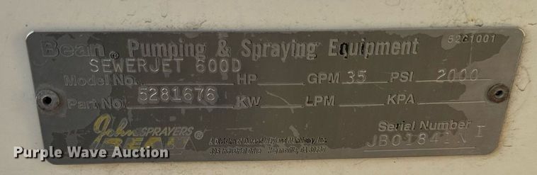 image for item DV5906 1999 John Bean  Sewerjet 600D sewer jetter trailer 
