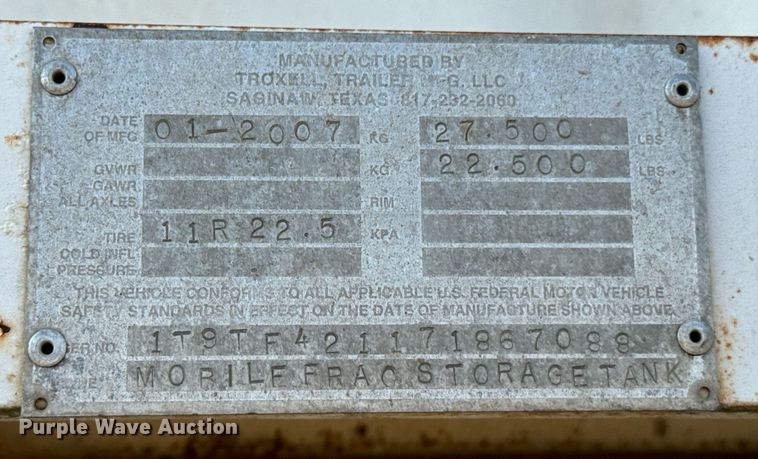 image for item DX1147 2007 Troxell frac tank trailer