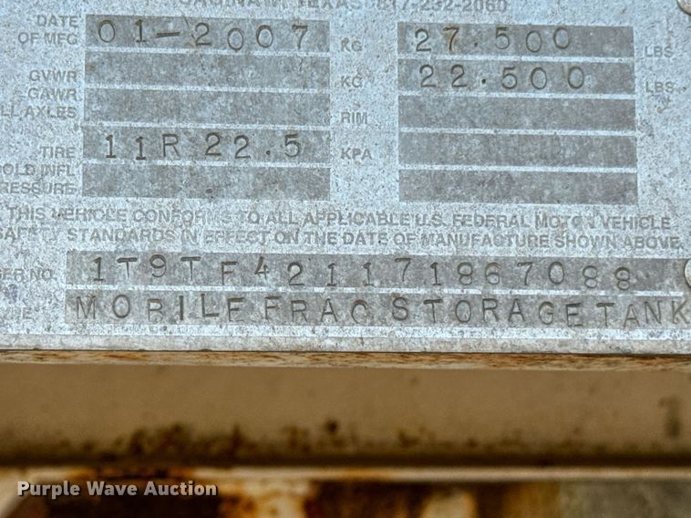 image for item DX1147 2007 Troxell frac tank trailer