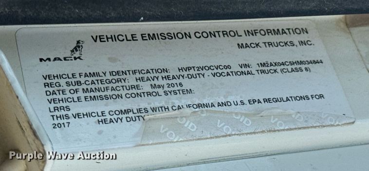 image for item DX1188 2017 Mack GU713 dump truck