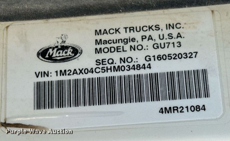 image for item DX1188 2017 Mack GU713 dump truck