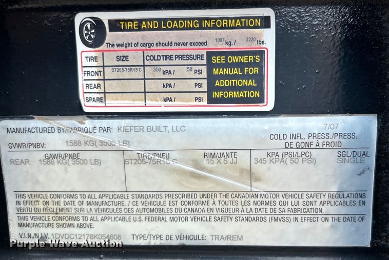 image for item EG0996 2008 Kiefer Built reel trailer