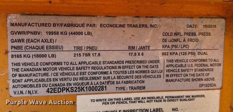 image for item EJ8917 2019 Econoline  DP1825DA equipment trailer