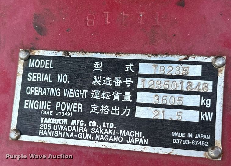 image for item EK3247 2011 Takeuchi  TB235 mini excavator