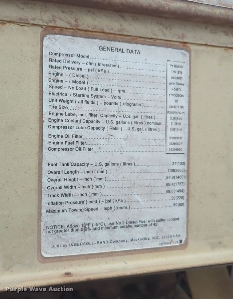 image for item EQ2070 1997 Ingersoll Rand  185 air compressor