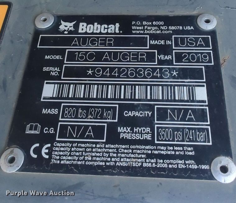 image for item EQ2094 2019 Bobcat 15C skid steer auger