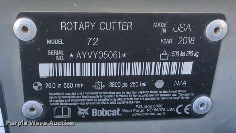 image for item EQ2095 2018 Bobcat 72 skid steer rotary mower