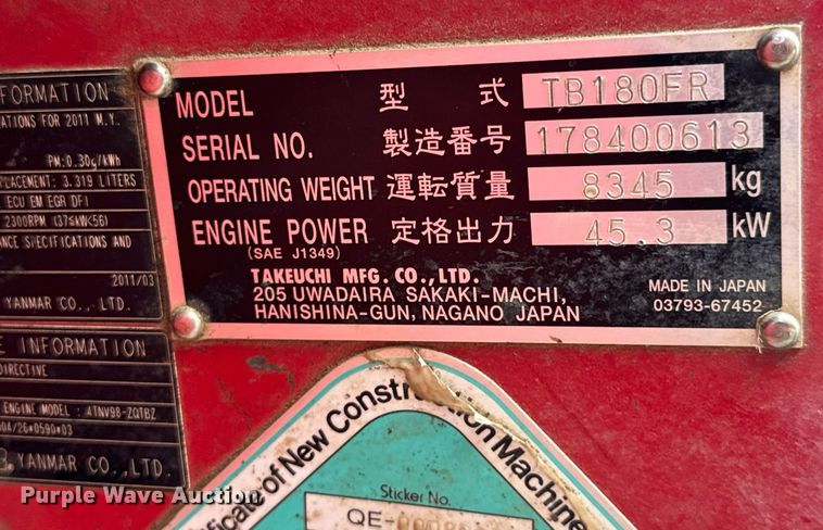 image for item LG9006 2011 Takeuchi TB180 FR mini excavator