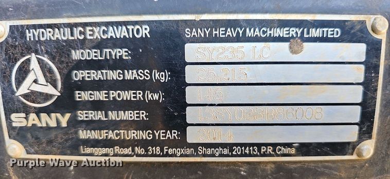 image for item NX9135 2014 Sany SY235LC excavator