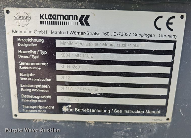 image for item NX9161 2012 Kleemann MC 110 Z  jaw crushing plant