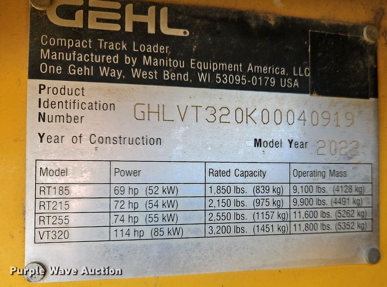 image for item OJ9841 2022 Gehl VT320 tracked skid steer loader