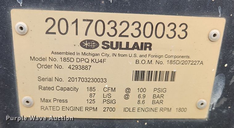 image for item OJ9845 2017 Sullair 185D air compressor