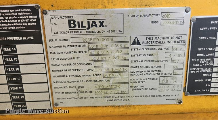 image for item OJ9848 2019 Biljax 5533A boom lift