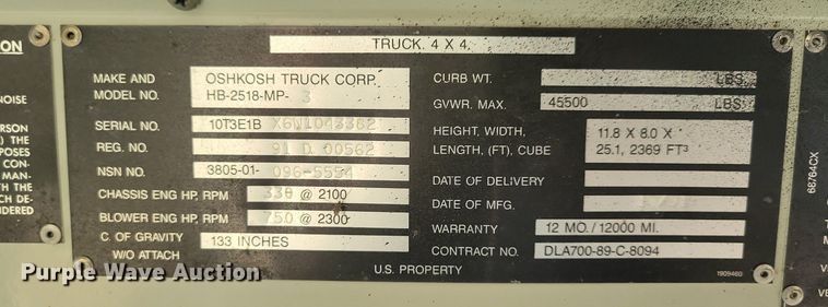 image for item DN3525 1992 Oshkosh HB2518-MP3 snow blower truck