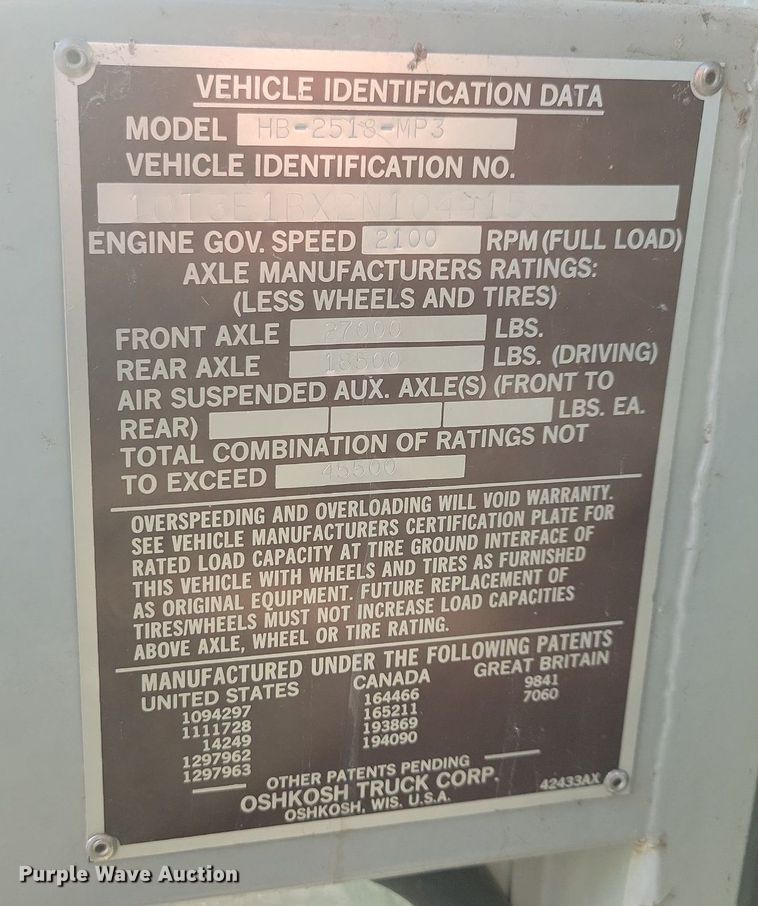 image for item DN3527 1992 Oshkosh HB2518-MP3 snow blower truck